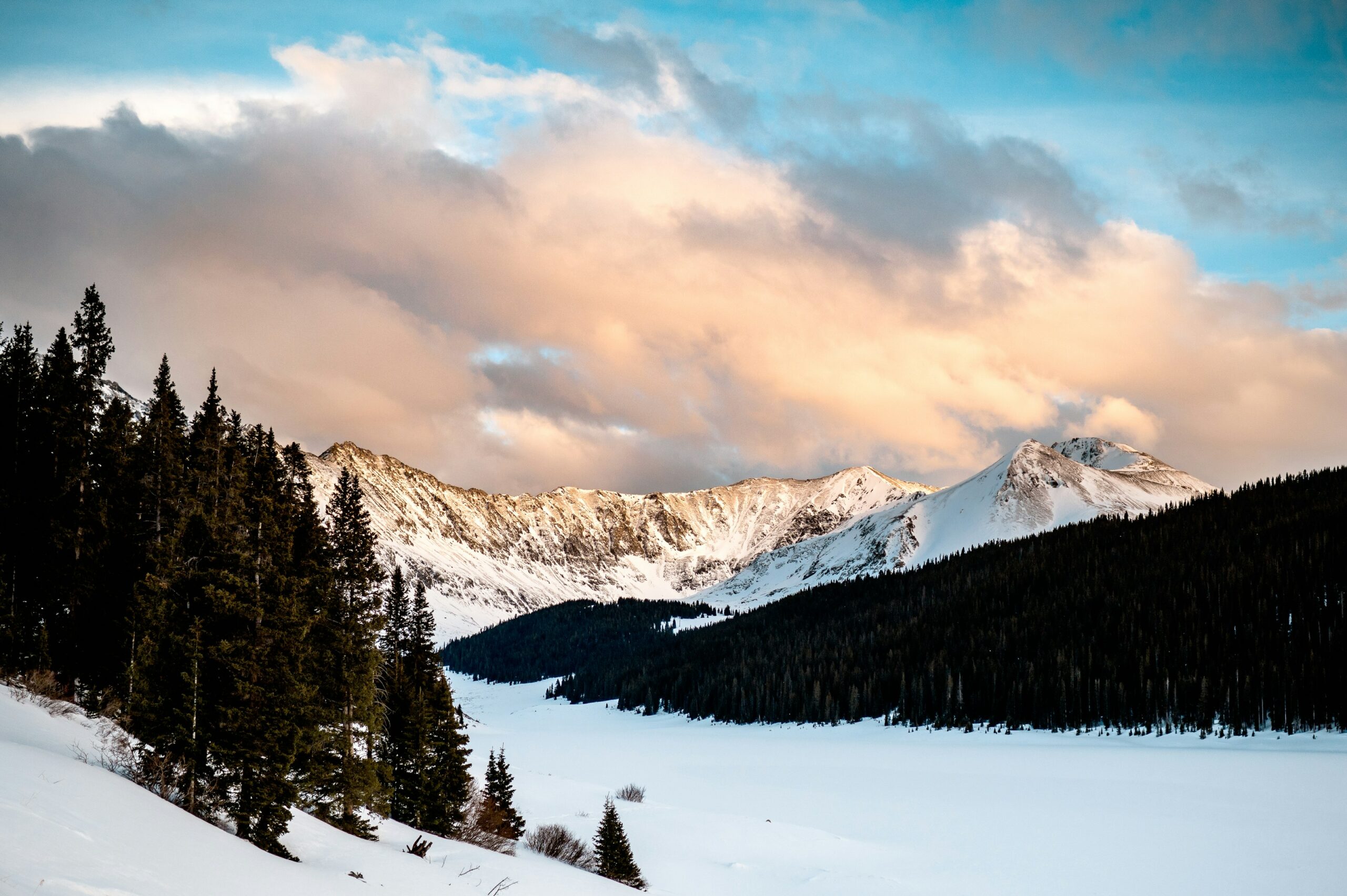 Snow-covered peaks at golden hour framed by evergreens near Copper Mountain, Colorado